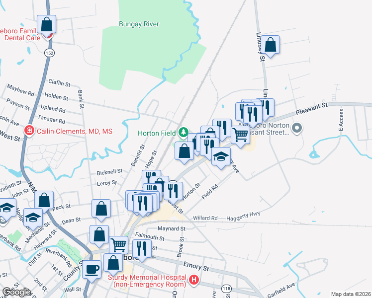 map of restaurants, bars, coffee shops, grocery stores, and more near 18 Kendall Avenue in Attleboro