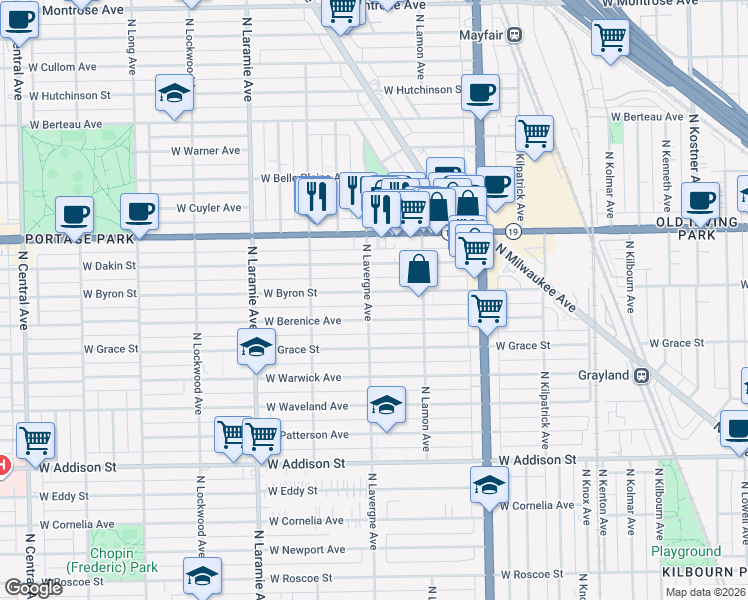 map of restaurants, bars, coffee shops, grocery stores, and more near 4951 West Byron Street in Chicago