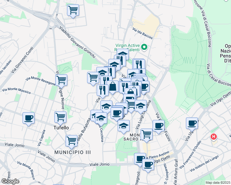 map of restaurants, bars, coffee shops, grocery stores, and more near 21-25 Via Nino Martoglio in Roma