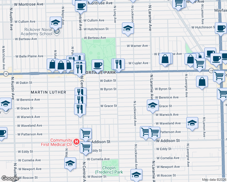 map of restaurants, bars, coffee shops, grocery stores, and more near 5411 West Byron Street in Chicago