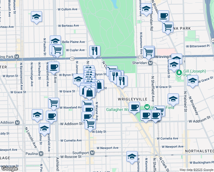 map of restaurants, bars, coffee shops, grocery stores, and more near 1250 West Grace Street in Chicago