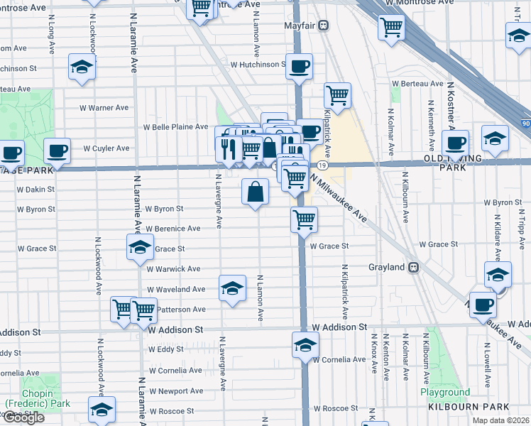 map of restaurants, bars, coffee shops, grocery stores, and more near 4901 West Dakin Street in Chicago