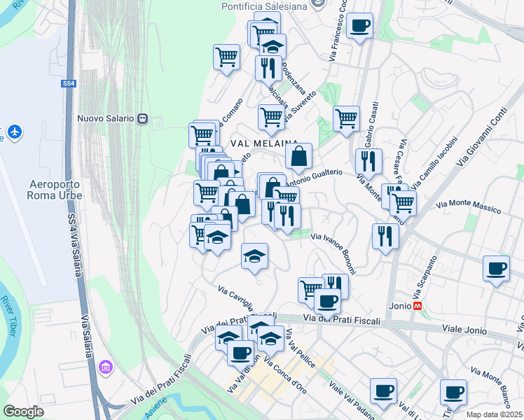 map of restaurants, bars, coffee shops, grocery stores, and more near 118-148 Via Piero Foscari in Rome