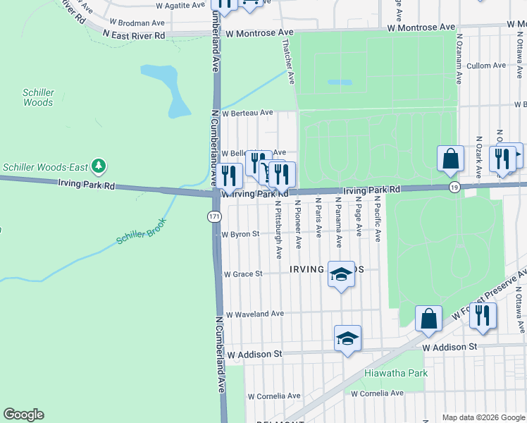 map of restaurants, bars, coffee shops, grocery stores, and more near 8255 Illinois 19 in Chicago