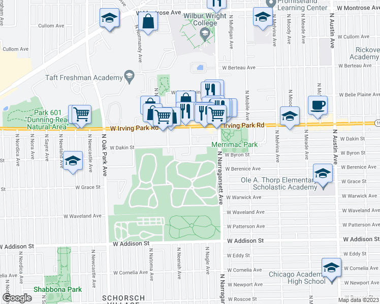 map of restaurants, bars, coffee shops, grocery stores, and more near 3952 West Byron Street in Chicago