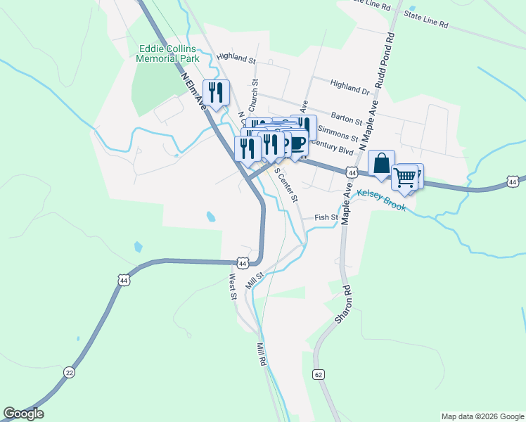 map of restaurants, bars, coffee shops, grocery stores, and more near 2 Main Street in Millerton