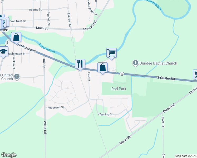 map of restaurants, bars, coffee shops, grocery stores, and more near 472 East Monroe Street in Dundee