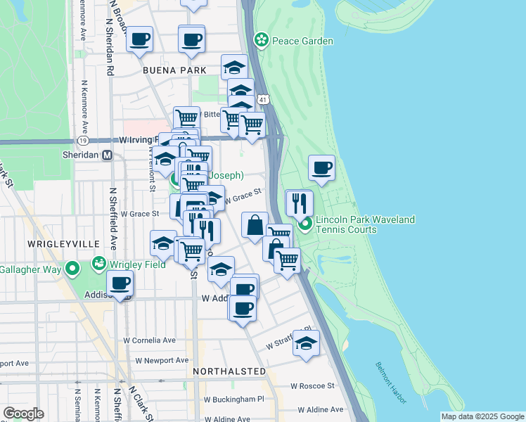 map of restaurants, bars, coffee shops, grocery stores, and more near 3754 North Lake Shore Drive in Chicago