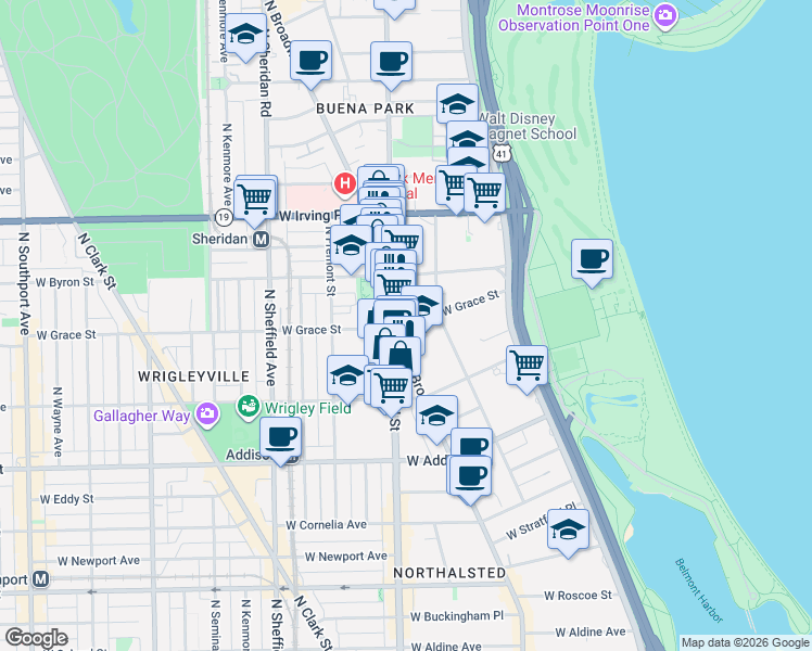 map of restaurants, bars, coffee shops, grocery stores, and more near 3823 North Broadway in Chicago