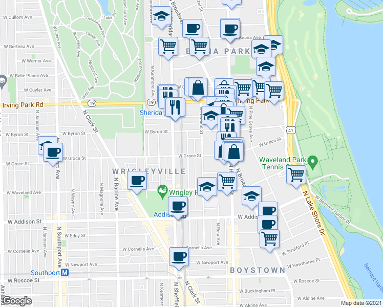 map of restaurants, bars, coffee shops, grocery stores, and more near 3824 North Fremont Street in Chicago