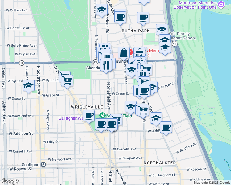 map of restaurants, bars, coffee shops, grocery stores, and more near 3825 North Sheffield Avenue in Chicago