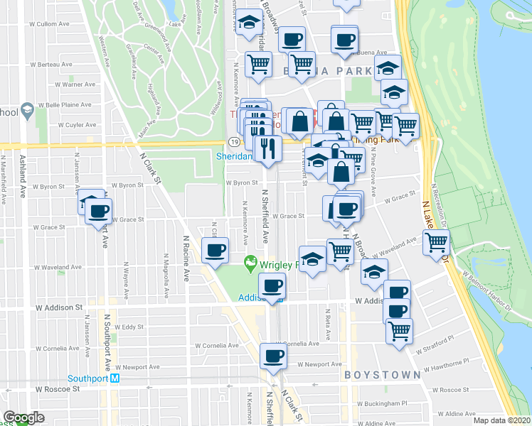 map of restaurants, bars, coffee shops, grocery stores, and more near 3825 North Sheffield Avenue in Chicago