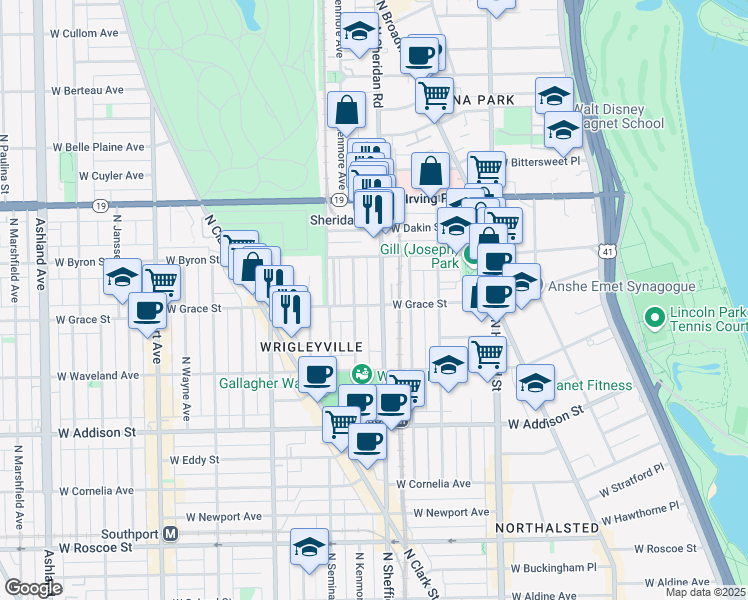 map of restaurants, bars, coffee shops, grocery stores, and more near 1017 West Byron Street in Chicago