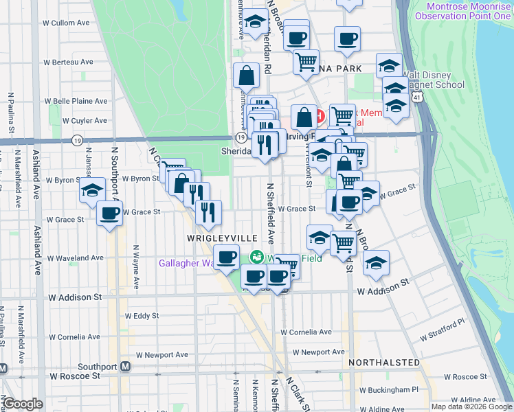 map of restaurants, bars, coffee shops, grocery stores, and more near 1017 West Byron Street in Chicago