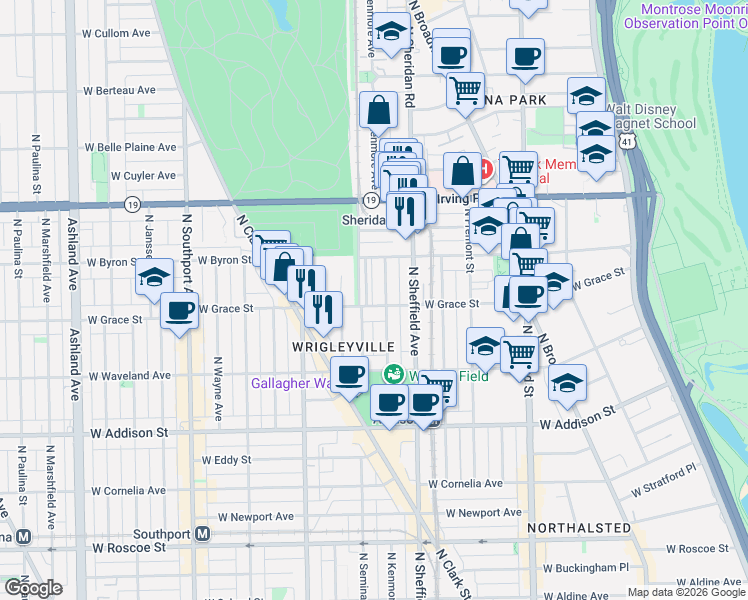 map of restaurants, bars, coffee shops, grocery stores, and more near 1017 West Byron Street in Chicago