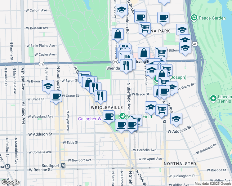 map of restaurants, bars, coffee shops, grocery stores, and more near 1017 West Byron Street in Chicago