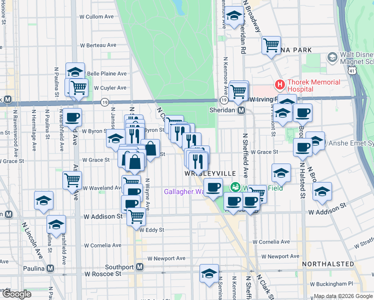 map of restaurants, bars, coffee shops, grocery stores, and more near 3833 North Clark Street in Chicago