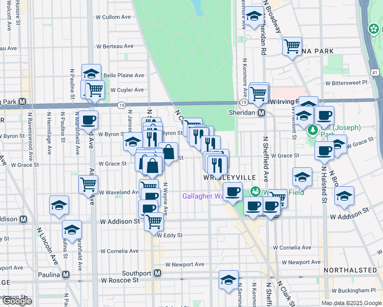 map of restaurants, bars, coffee shops, grocery stores, and more near 3833 North Clark Street in Chicago