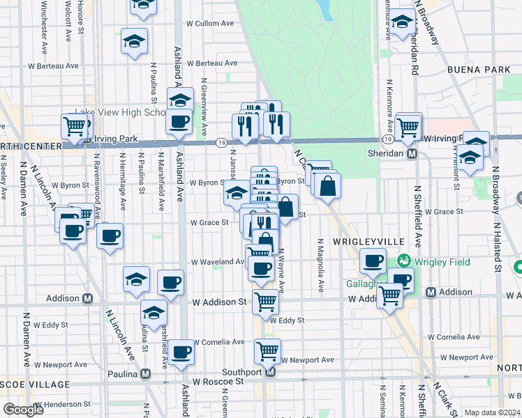 map of restaurants, bars, coffee shops, grocery stores, and more near 3846 North Southport Avenue in Chicago