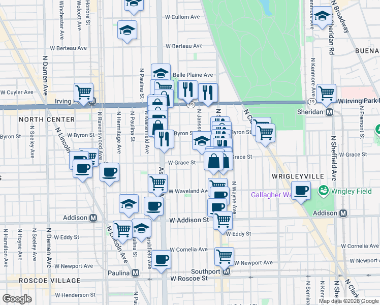 map of restaurants, bars, coffee shops, grocery stores, and more near 3815 North Greenview Avenue in Chicago