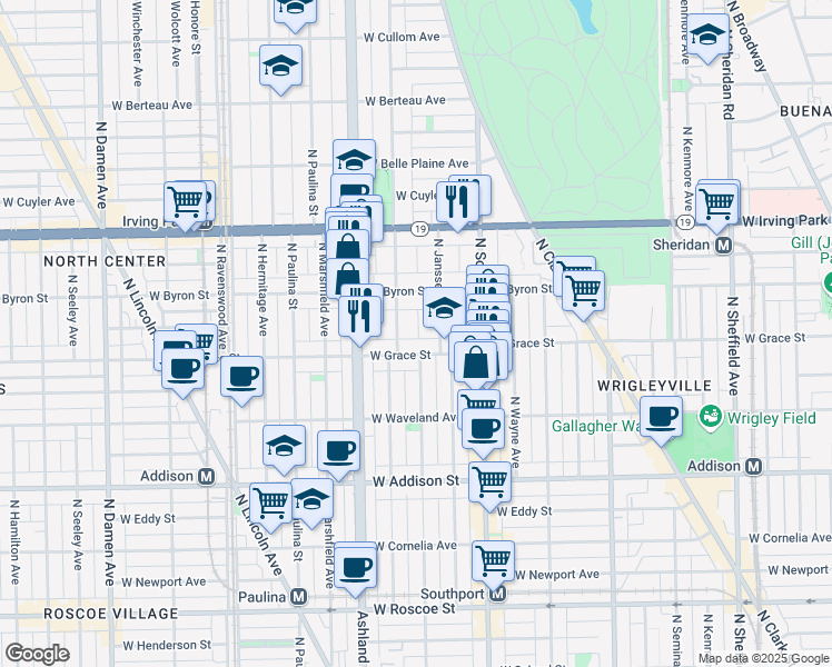 map of restaurants, bars, coffee shops, grocery stores, and more near 3846 North Janssen Avenue in Chicago