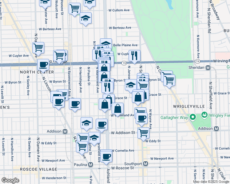 map of restaurants, bars, coffee shops, grocery stores, and more near 3845 North Greenview Avenue in Chicago