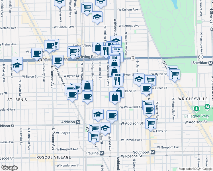 map of restaurants, bars, coffee shops, grocery stores, and more near 3844 North Marshfield Avenue in Chicago