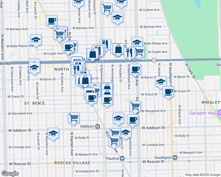 map of restaurants, bars, coffee shops, grocery stores, and more near 3849 North Ravenswood Avenue in Chicago