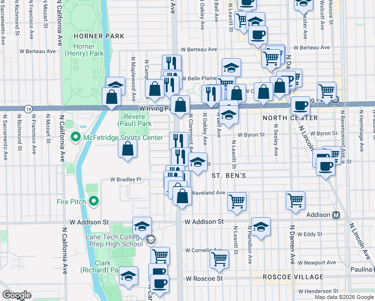 map of restaurants, bars, coffee shops, grocery stores, and more near 3855 North Claremont Avenue in Chicago