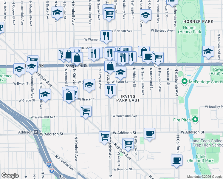 map of restaurants, bars, coffee shops, grocery stores, and more near 3859 North Kedzie Avenue in Chicago