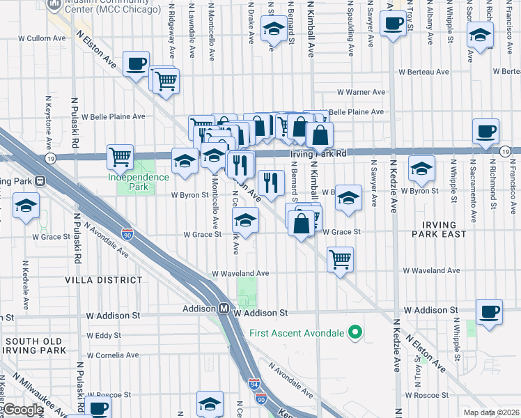 map of restaurants, bars, coffee shops, grocery stores, and more near 3860 North Saint Louis Avenue in Chicago