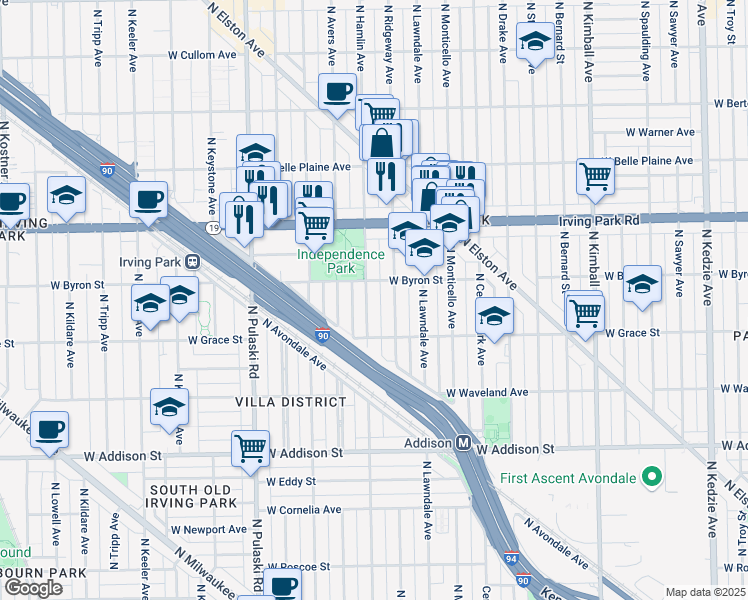map of restaurants, bars, coffee shops, grocery stores, and more near 3900 North Hamlin Avenue in Chicago