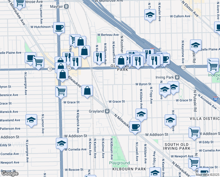 map of restaurants, bars, coffee shops, grocery stores, and more near 3906 North Kenneth Avenue in Chicago