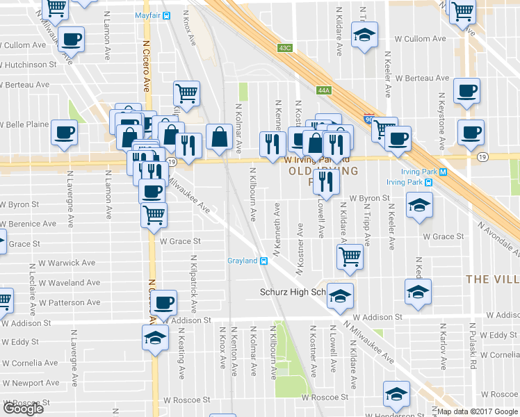 map of restaurants, bars, coffee shops, grocery stores, and more near 4500 West Byron Street in Chicago