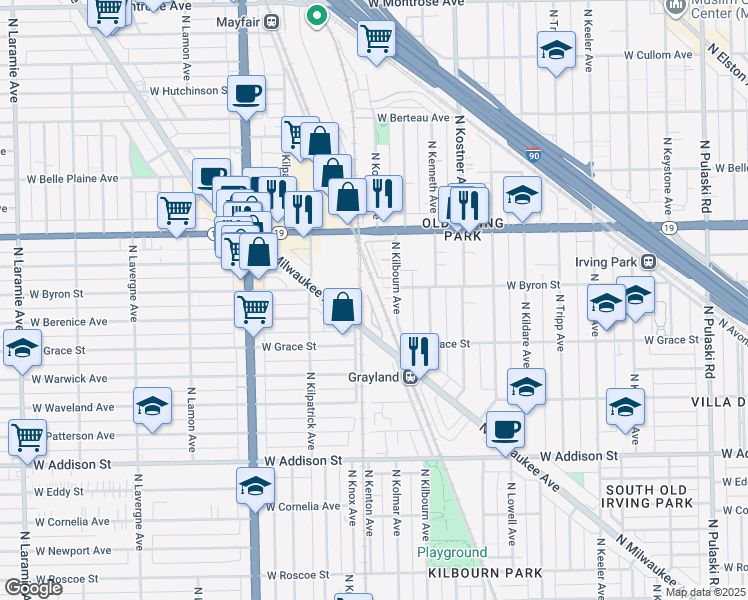 map of restaurants, bars, coffee shops, grocery stores, and more near 3817 North Milwaukee Avenue in Chicago