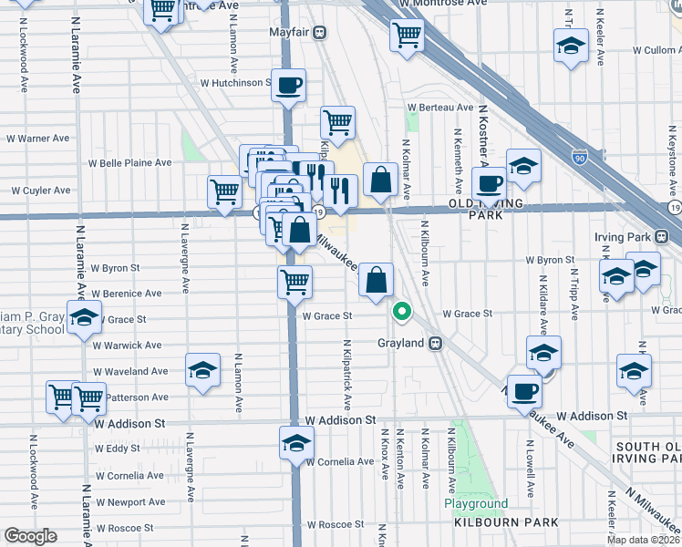 map of restaurants, bars, coffee shops, grocery stores, and more near 3930 North Milwaukee Avenue in Chicago