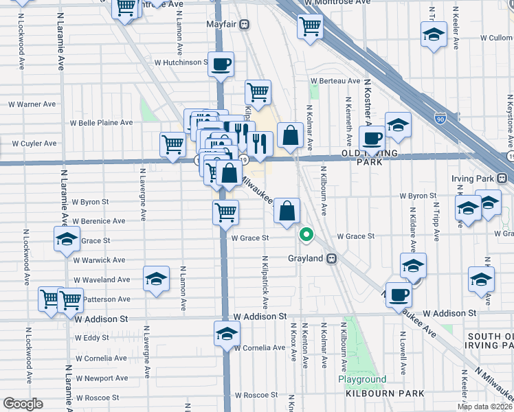 map of restaurants, bars, coffee shops, grocery stores, and more near 3930 North Milwaukee Avenue in Chicago