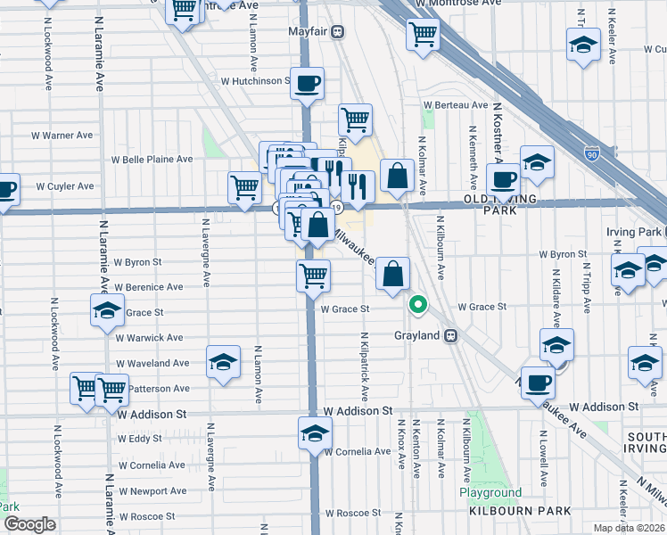 map of restaurants, bars, coffee shops, grocery stores, and more near 3930 North Milwaukee Avenue in Chicago