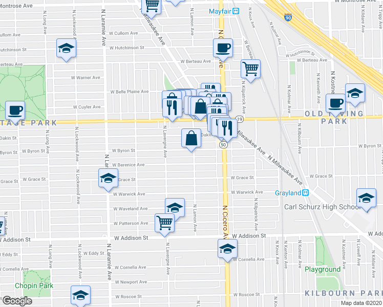 map of restaurants, bars, coffee shops, grocery stores, and more near 4901 West Dakin Street in Chicago