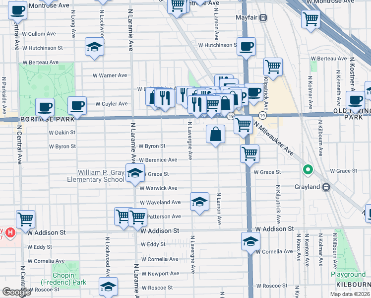 map of restaurants, bars, coffee shops, grocery stores, and more near 5017 West Dakin Street in Chicago