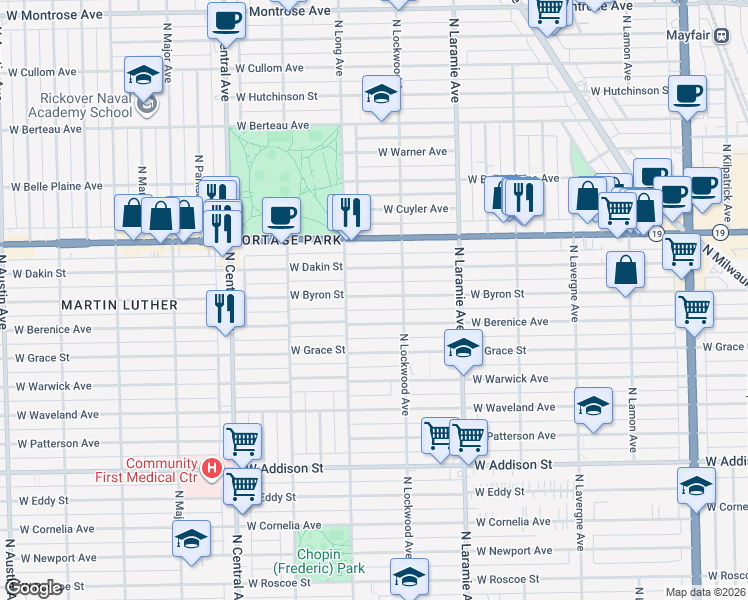 map of restaurants, bars, coffee shops, grocery stores, and more near 5321 West Dakin Street in Chicago