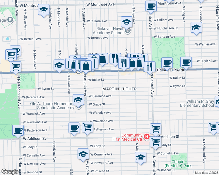 map of restaurants, bars, coffee shops, grocery stores, and more near 5807 West Dakin Street in Chicago