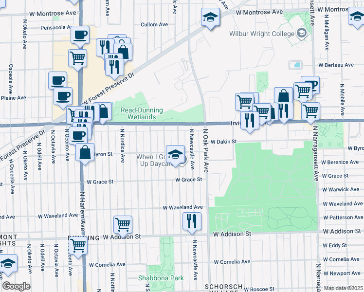 map of restaurants, bars, coffee shops, grocery stores, and more near 3936 North Newcastle Avenue in Chicago