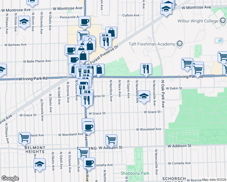 map of restaurants, bars, coffee shops, grocery stores, and more near 3942 North Nora Avenue in Chicago