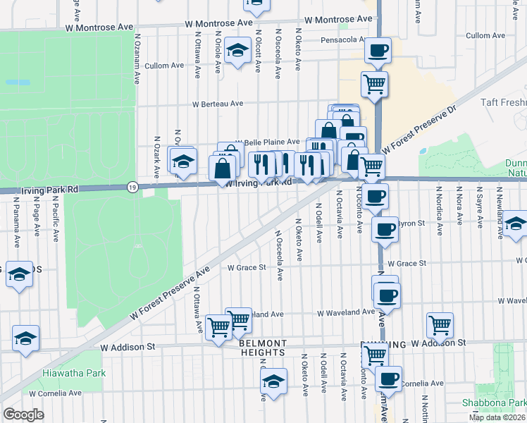 map of restaurants, bars, coffee shops, grocery stores, and more near 3947 North Olcott Avenue in Chicago