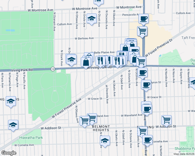 map of restaurants, bars, coffee shops, grocery stores, and more near 3947 North Olcott Avenue in Chicago