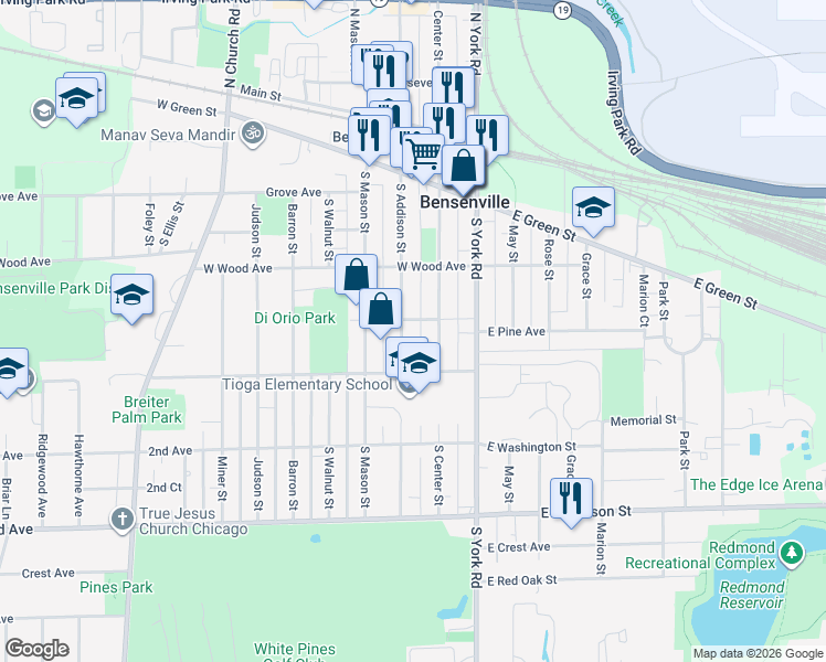 map of restaurants, bars, coffee shops, grocery stores, and more near 231 South Addison Street in Bensenville