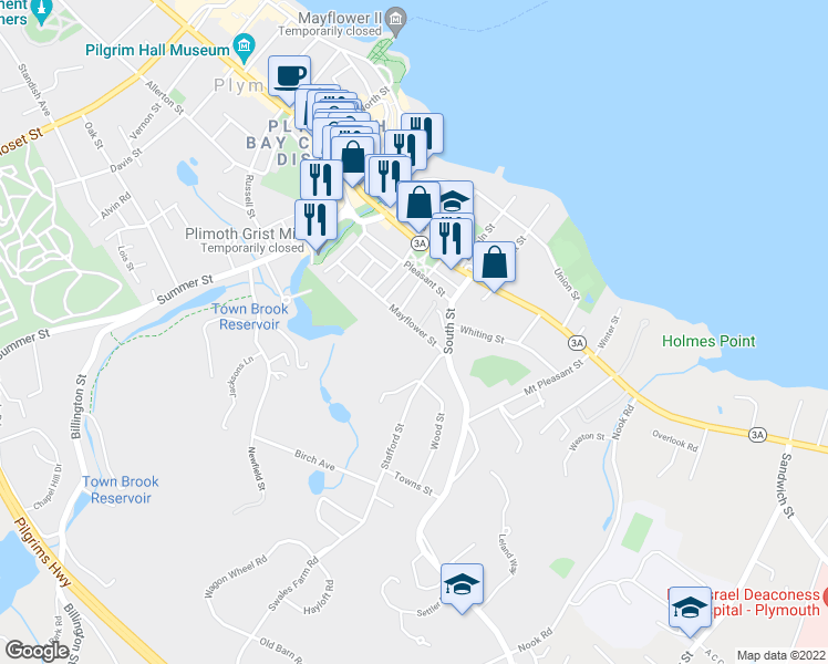 map of restaurants, bars, coffee shops, grocery stores, and more near 37 Mayflower Street in Plymouth