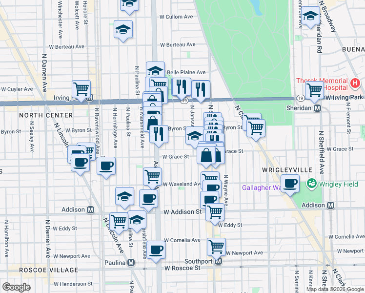 map of restaurants, bars, coffee shops, grocery stores, and more near 3846 North Janssen Avenue in Chicago