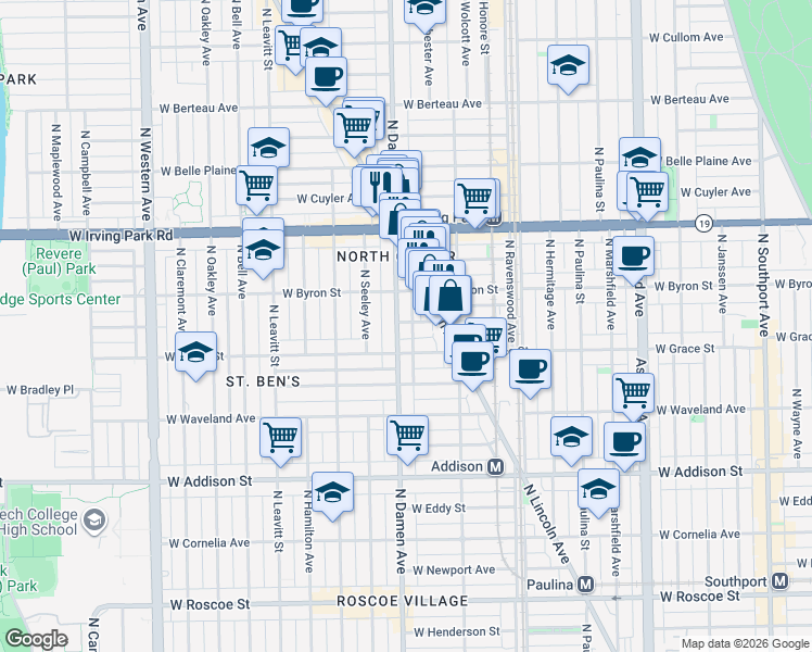 map of restaurants, bars, coffee shops, grocery stores, and more near 3825 North Damen Avenue in Chicago
